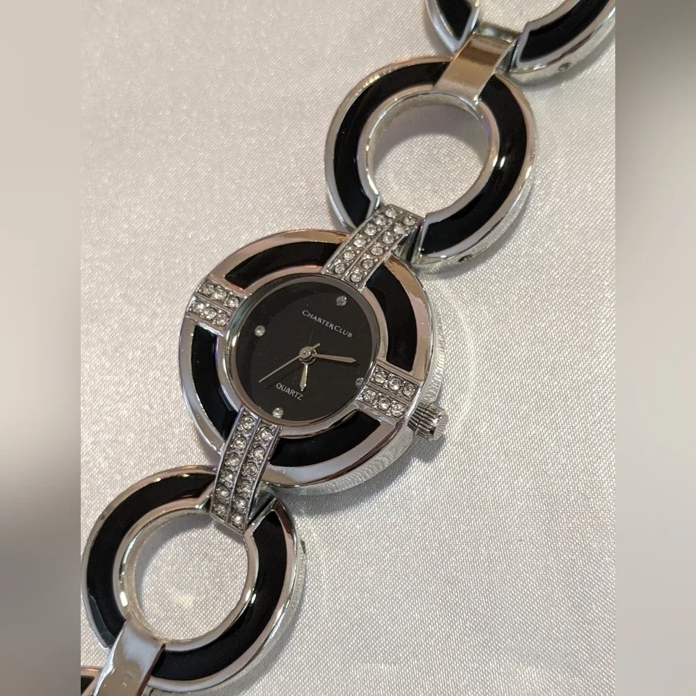 Charter Club Women's Dress Watch Silver w/ Black Enamel & Crystals New Battery